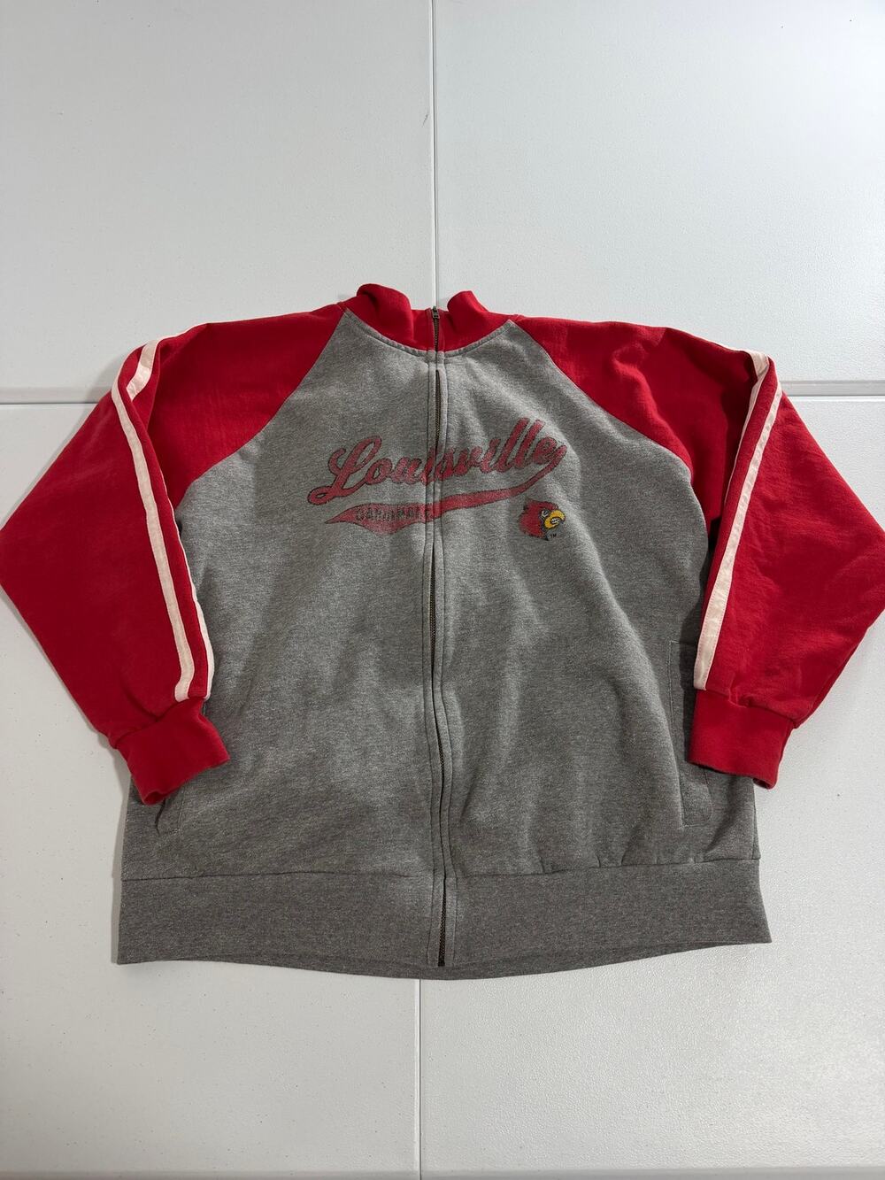 J. America Louisville Cardinals Mens Full Zip Hoodie XL Gray Red Raglan NCAA